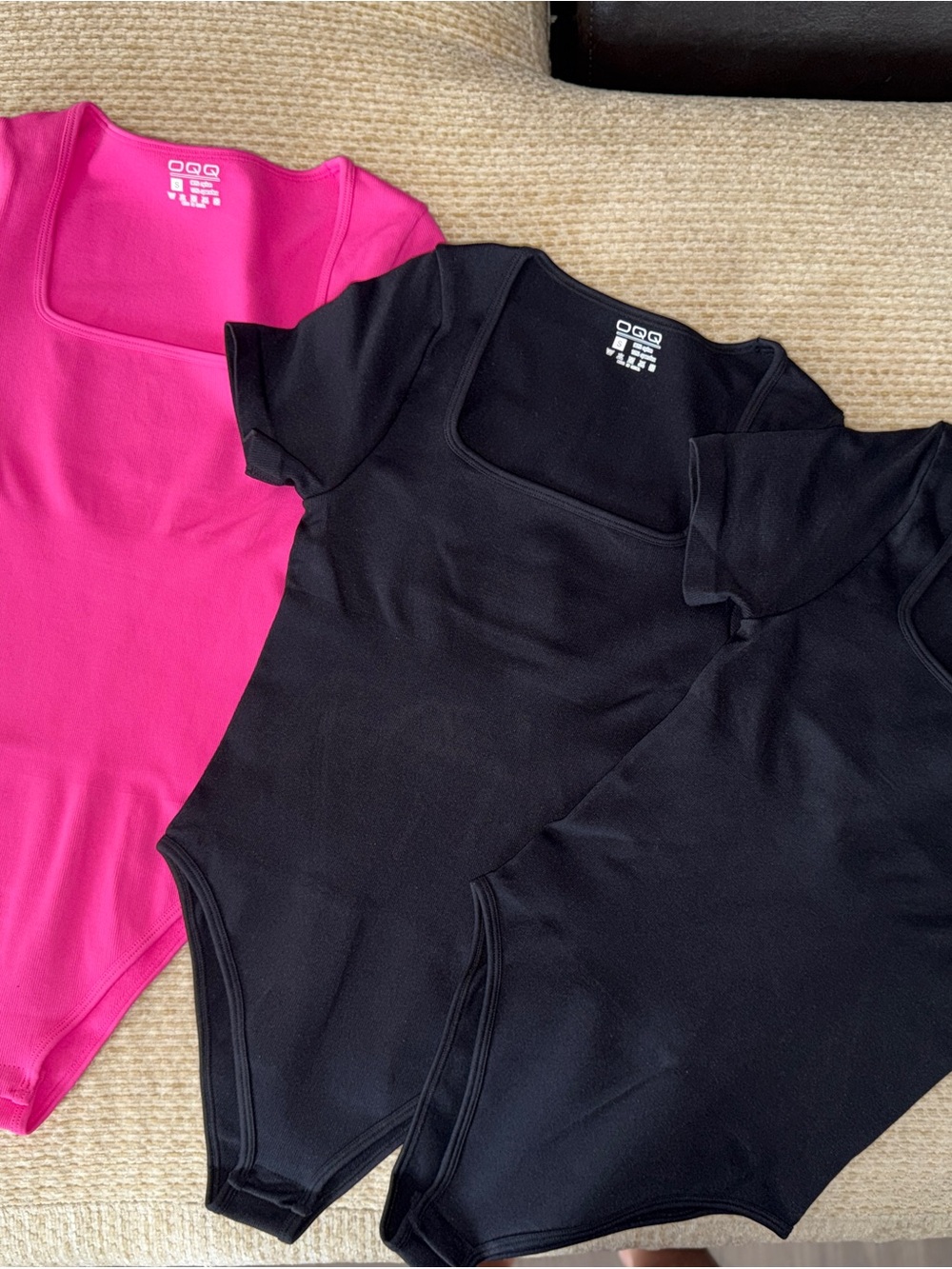 NWOT OQQ Women’s Square Neck Short Sleeve Bodysuit - Black & Hot Pink BUNDLE